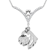 Brussels Griffon Necklace Head Design in V-Shaped Cubic Zirconia and Sterling Silver Chain with Pawprint.