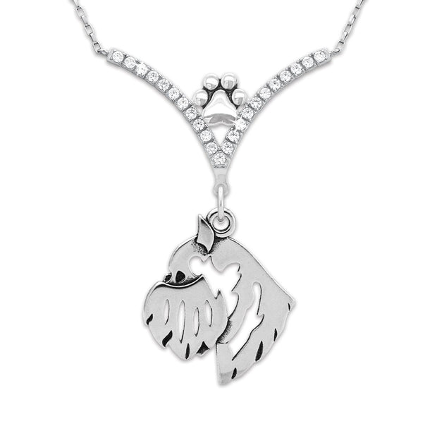 Brussels Griffon Necklace Head Design in V-Shaped Cubic Zirconia and Sterling Silver Chain with Pawprint.