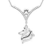 Rough Coated Collie Necklace Head Design in V-Shaped Cubic Zirconia and Sterling Silver Chain with Pawprint.