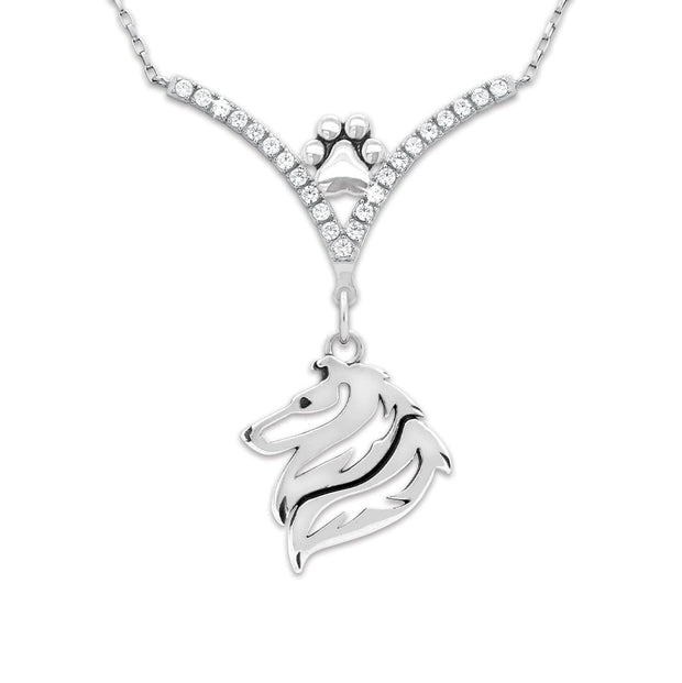 Rough Coated Collie Necklace Head Design in V-Shaped Cubic Zirconia and Sterling Silver Chain with Pawprint.