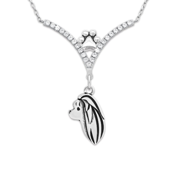 Maltese Necklace Head Design in V-Shaped Cubic Zirconia and Sterling Silver Chain with Pawprint.