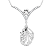 Pomeranian Necklace Head Design in V-Shaped Cubic Zirconia and Sterling Silver Chain with Pawprint.