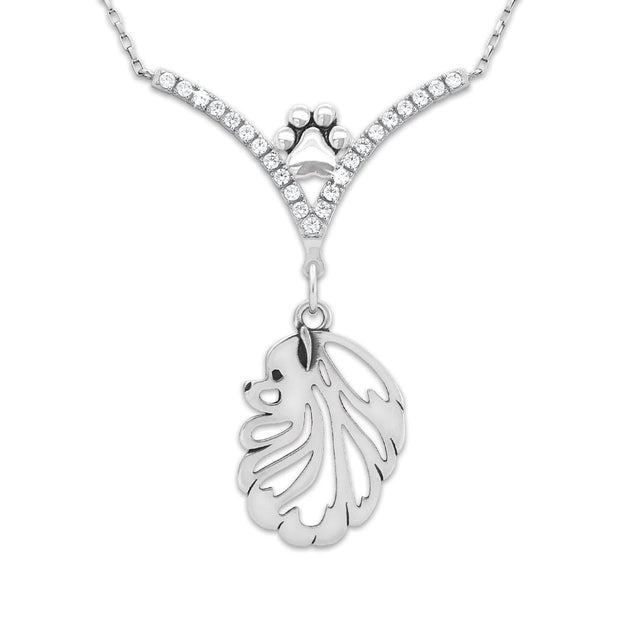 Pomeranian Necklace Head Design in V-Shaped Cubic Zirconia and Sterling Silver Chain with Pawprint.