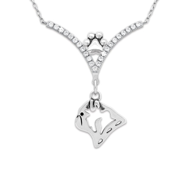 Pug Necklace Head Design with Squirrel in V-Shaped Cubic Zirconia and Sterling Silver Chain with Pawprint.