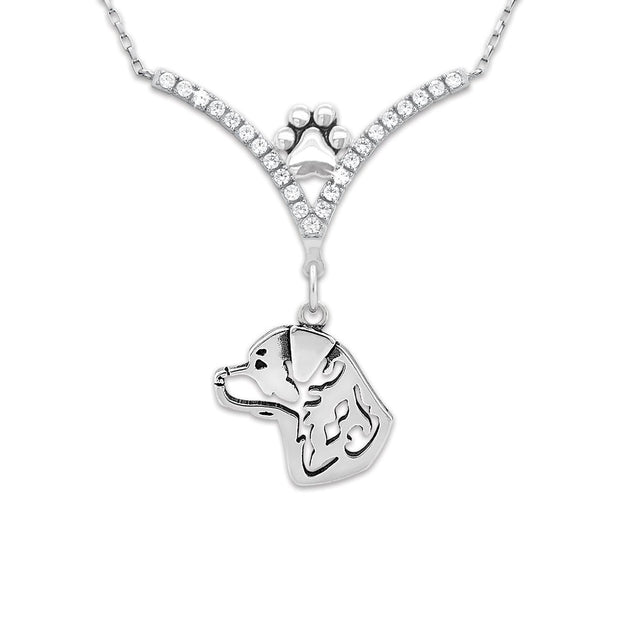 Rottweiler Necklace Body Design in V-Shaped Cubic Zirconia and Sterling Silver Chain with Pawprint.