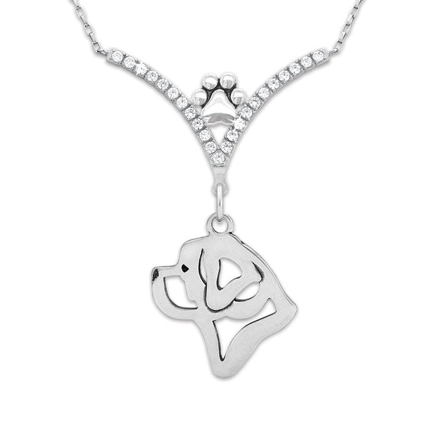 Saint Bernard Necklace Head Design in V-Shaped Cubic Zirconia and Sterling Silver Chain with Pawprint.