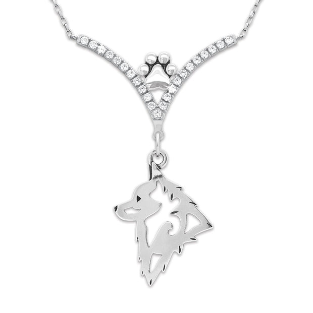 Schipperke Necklace Head Design in V-Shaped Cubic Zirconia and Sterling Silver Chain with Pawprint.