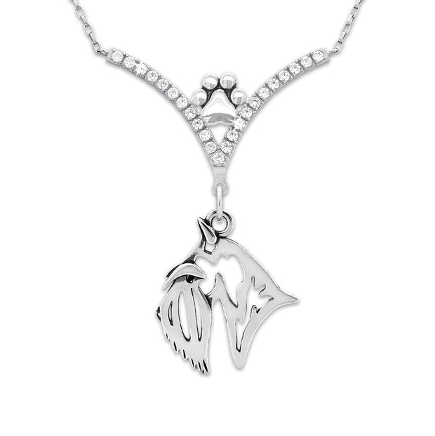 Scottish Terrier Necklace Head Design in V-Shaped Cubic Zirconia and Sterling Silver Chain with Pawprint.