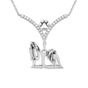 Shih Tzu Necklace Body Design in V-Shaped Cubic Zirconia and Sterling Silver Chain with Pawprint.