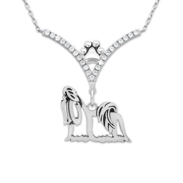 Shih Tzu Necklace Body Design in V-Shaped Cubic Zirconia and Sterling Silver Chain with Pawprint.