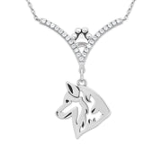 Siberian Husky Necklace Head Design in V-Shaped Cubic Zirconia and Sterling Silver Chain with Pawprint.