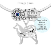 Rosette Ribbon Necklace That Can Be Personalized With a Title and Your Dogs Name and Choice of Over 30 Colors of Crystals, with an Alaskan Malamute Body Design Pendant in Sterling Silver on Omega Chain.