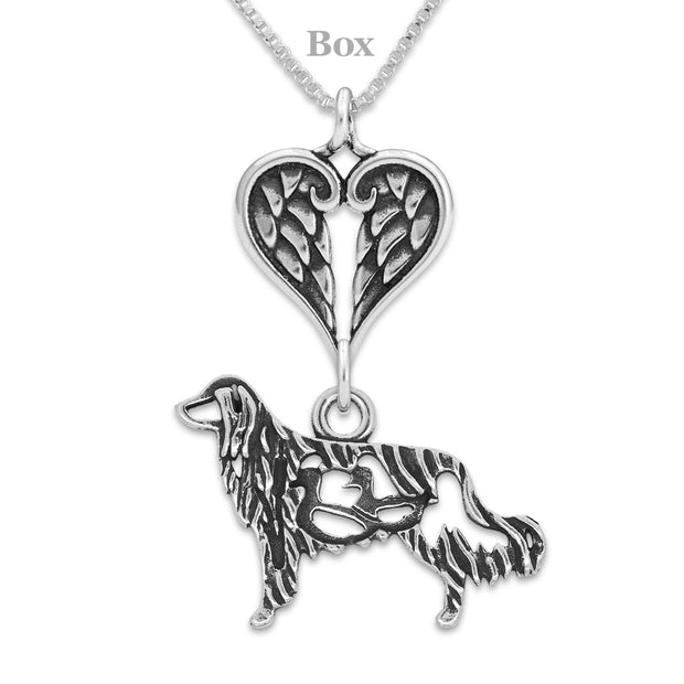 Nederlandse Kooikerhondje Sympathy Gift Necklace with Heart Shaped Angel Wing Pendant in Sterling Silver on Box Chain.