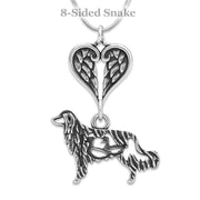 Nederlandse Kooikerhondje Sympathy Gift Necklace with Heart Shaped Angel Wing Pendant in Sterling Silver on Snake Chain.