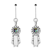 Pair of silver lever back ribbon earrings with green paua shell cabochon centers on a white background