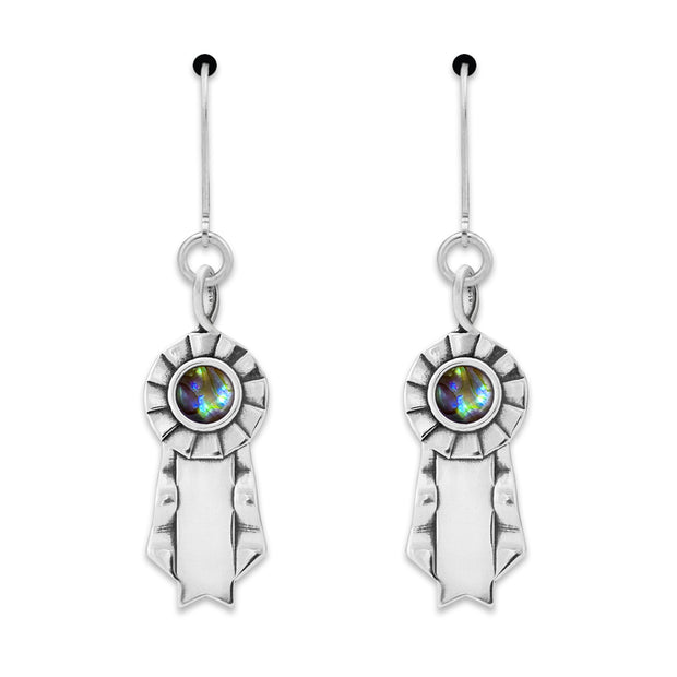 Pair of silver lever back ribbon earrings with green paua shell cabochon centers on a white background