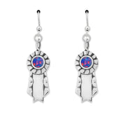 Silver rosette french hook earrings with colorful majestic opal cabochon center. Wavy side ribbons with a center ribbon available for personalization.