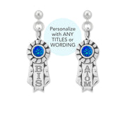Silver rosette dangle post earrings with blue ocean opal cabochon center. Wavy side ribbons with a center ribbon engraved with BIS and ATOM as an example of personalization.