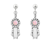 Silver clip on ribbon earrings with pink opal cabochon centers on a white background