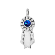 Silver rosette ribbon pendant with a blue paua shell and room to personalize with a name, or title on a white background