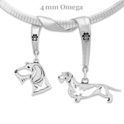 Wirehaired Dachshund Necklace Head and Body Designs on Paw Print Charm Holder in Sterling Silver on Omega Chain.