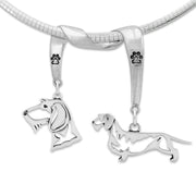 Wirehaired Dachshund Necklace Head and Body Designs on Paw Print Charm Holder in Sterling Silver on Omega Chain.