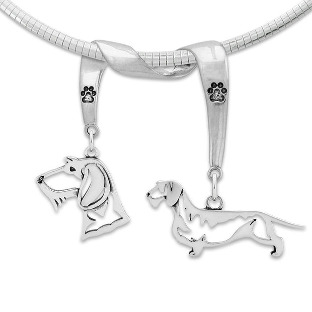 Wirehaired Dachshund Necklace Head and Body Designs on Paw Print Charm Holder in Sterling Silver on Omega Chain.