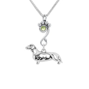 Smooth Coat Dachshund Necklace Body Design with Badger and Peridot Crystal in Sterling Silver on Box Chain.