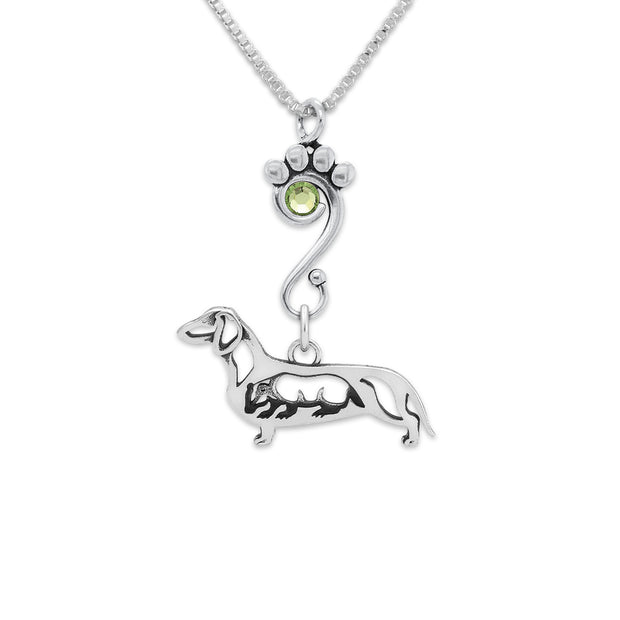 Smooth Coat Dachshund Necklace Body Design with Badger and Peridot Crystal in Sterling Silver on Box Chain.