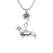 Smooth Coat Dachshund Necklace Body Design with Badger and Sapphire Crystal in Sterling Silver on Snake Chain.