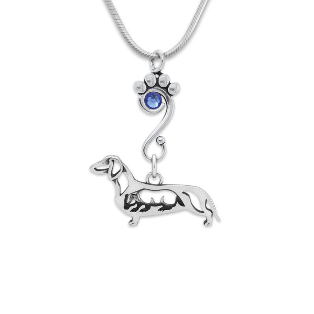 Smooth Coat Dachshund Necklace Body Design with Badger and Sapphire Crystal in Sterling Silver on Snake Chain.