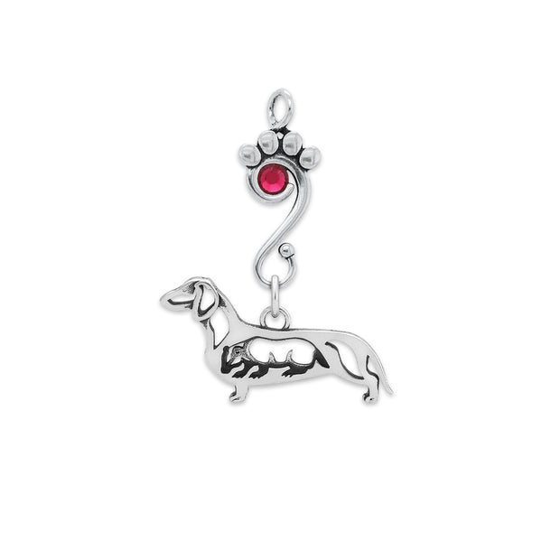 Smooth Coat Dachshund Pendant Body Design with Badger and Ruby Crystal in Sterling Silver.