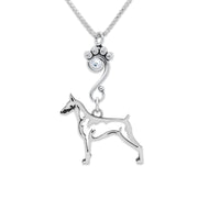 Doberman Pinscher Necklace Body Design with Crystal in Sterling Silver on Box Chain.