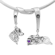 Australian Shepherd Head and Body Designs with Blue Volcano Crystal on Paw Print Charm Holder in Sterling Silver on Omega Chain.