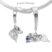 Australian Shepherd Head and Body Designs with Sapphire Crystal on Paw Print Charm Holder in Sterling Silver on Omega Chain.