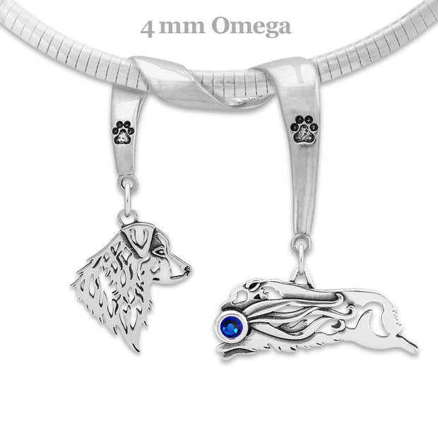 Australian Shepherd Head and Body Designs with Sapphire Crystal on Paw Print Charm Holder in Sterling Silver on Omega Chain.
