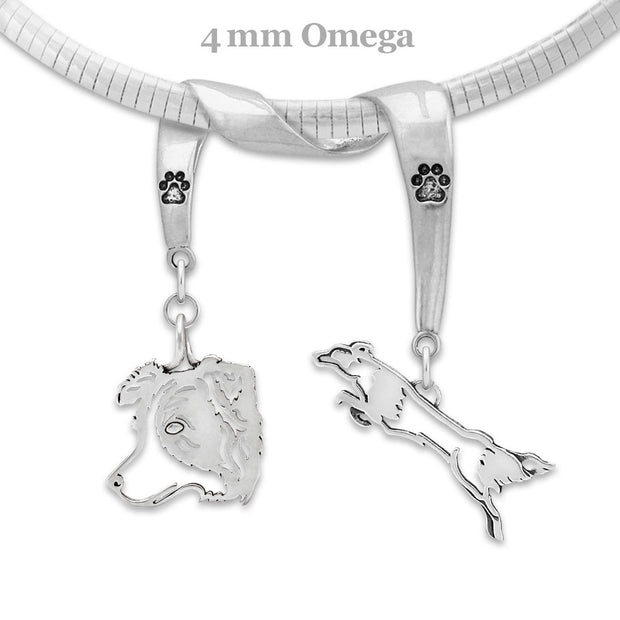 Border Collie Necklace Head and Body Designs on Paw Print Charm Holder in Sterling Silver on Omega Chain.
