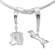 Border Collie Necklace Head and Body Designs on Paw Print Charm Holder in Sterling Silver on Omega Chain.