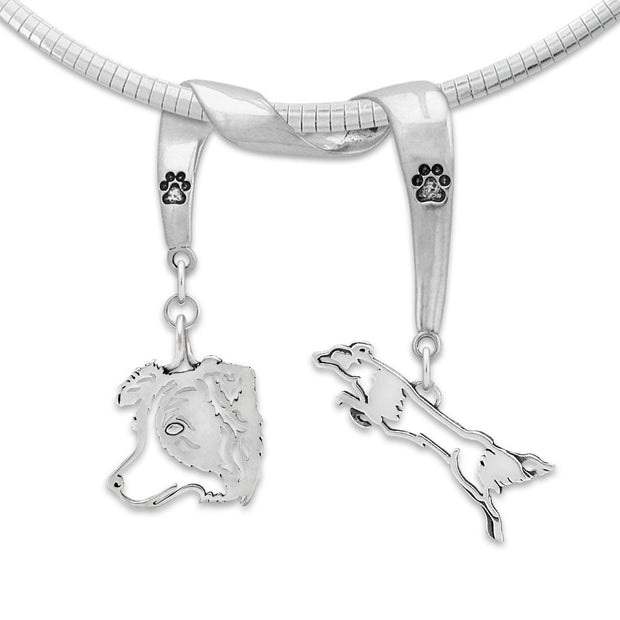 Border Collie Necklace Head and Body Designs on Paw Print Charm Holder in Sterling Silver on Omega Chain.