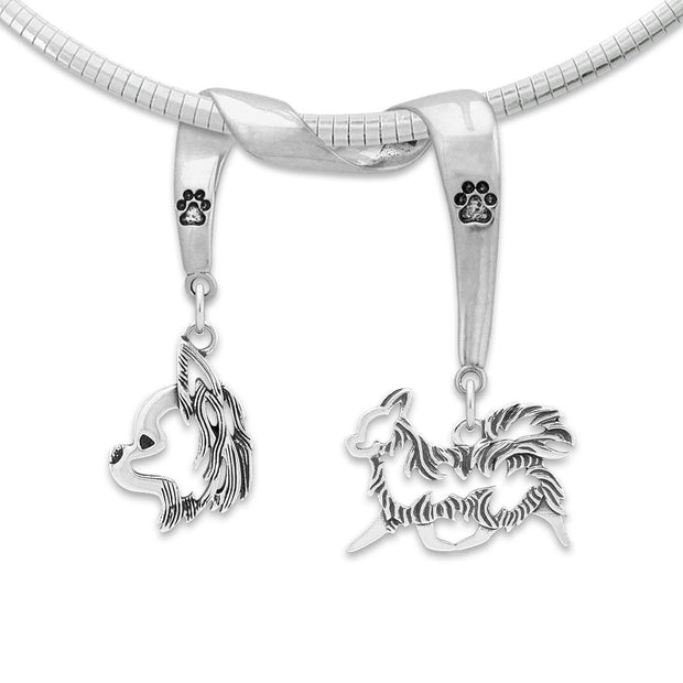 Chihuahua Necklace Head and Body Designs on Paw Print Charm Holder in Sterling Silver on Omega Chain.