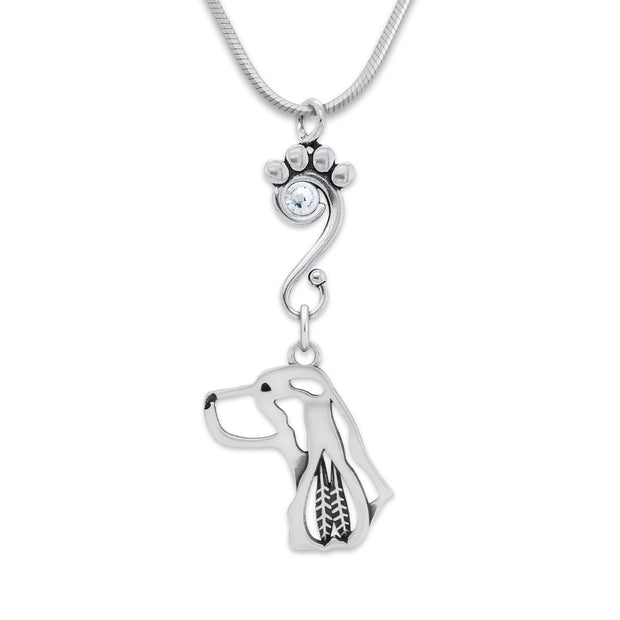 English Springer Spaniel Necklace Head Design with Crystal in Sterling Silver on Snake Chain.
