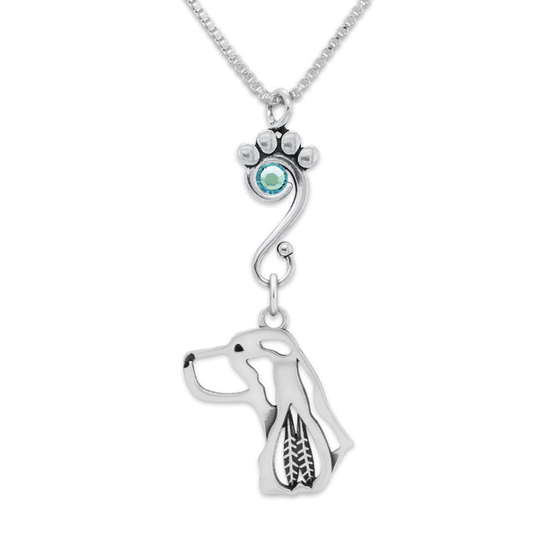 English Springer Spaniel Necklace Head Design with Aquamarine Crystal in Sterling Silver on Box Chain.