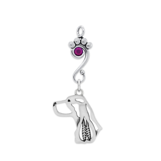 English Springer Spaniel Pendant Head Design with Amethyst Crystal in Sterling Silver.