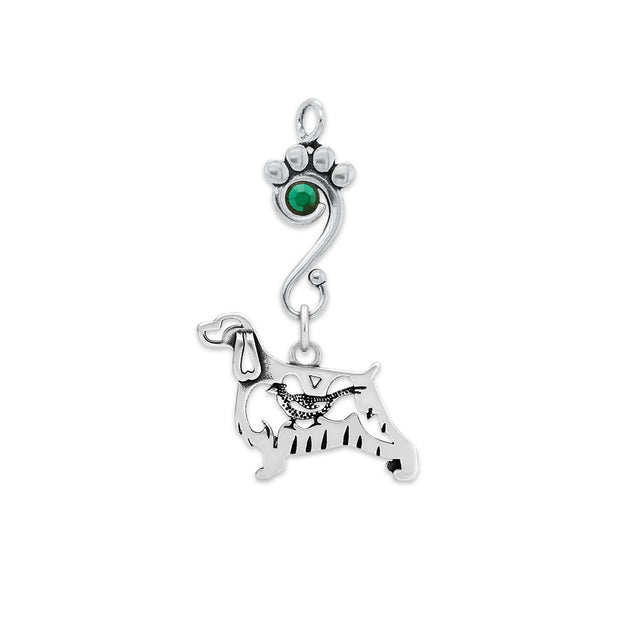 English Springer Spaniel Pendant Body Design with Emerald Crystal in Sterling Silver.