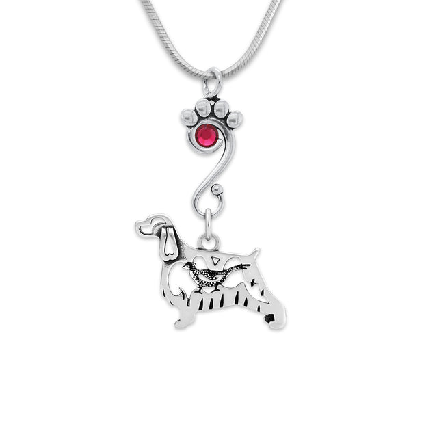English Springer Spaniel Necklace Body Design with Ruby Crystal in Sterling Silver on Snake Chain.