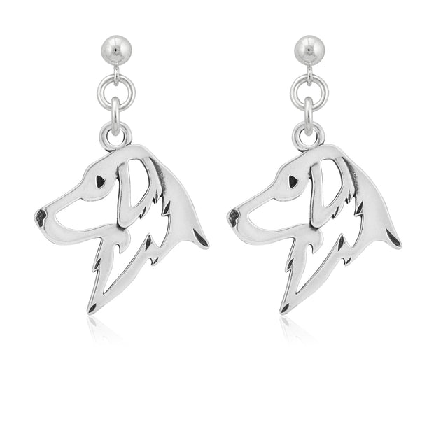 Flat Coated Retriever Earrings Head Design in Sterling Silver in Dangle Post.