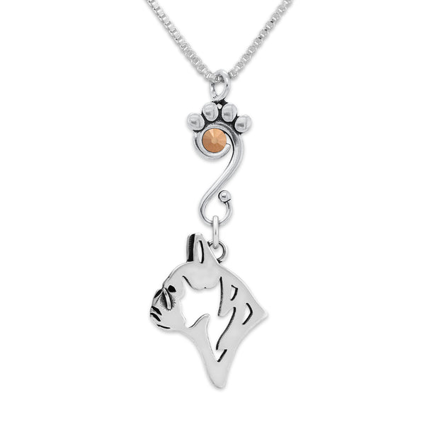 French Bulldog Necklace Head Design with Rose Gold Crystal in Sterling Silver on Box Chain.