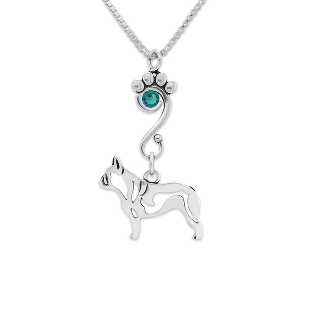 French Bulldog Necklace Body Design with Teal Crystal in Sterling Silver on Box Chain.