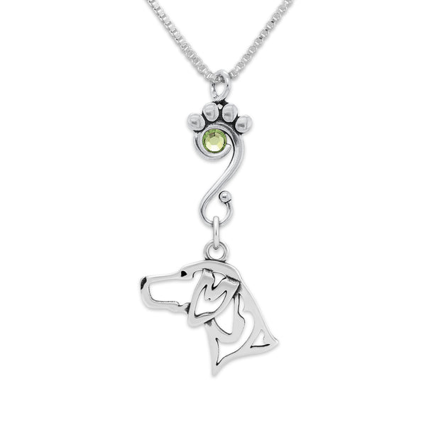 German Shorthaired Pointer Head Design with Peridot Crystal in Sterling Silver on Box Chain.
