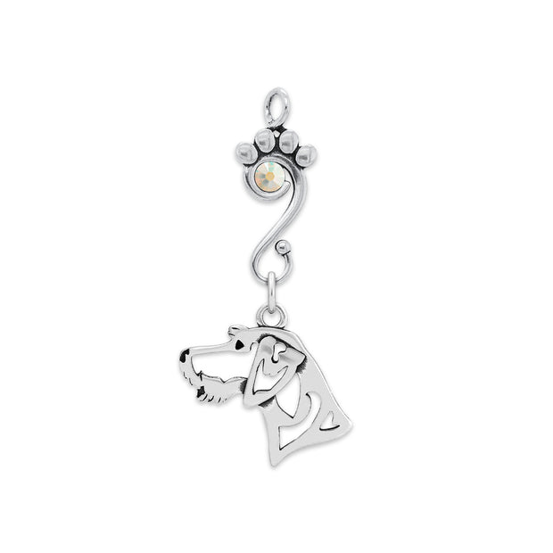German Wirehaired Pointer Pendant Head Design with Aurora Borealis Crystal in Sterling Silver.